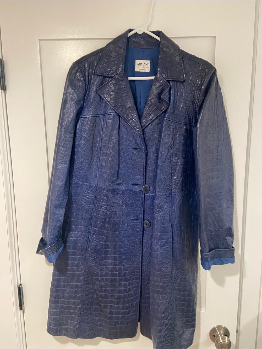 Armani Collezioni Navy Croc-Embossed Leather Coat
